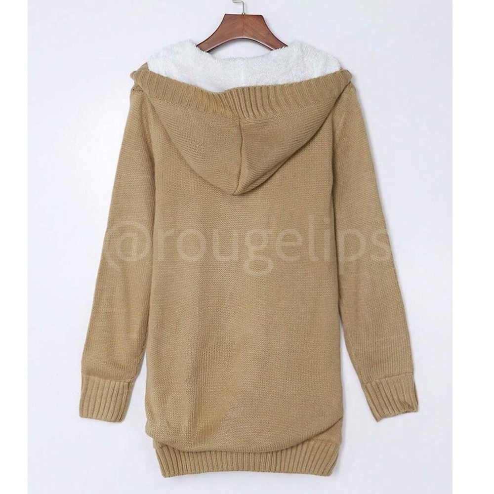 Pink Sherpa Knit Hooded Cardigan Front Pockets Long Sleeves Hip Length - Picture 9 of 17